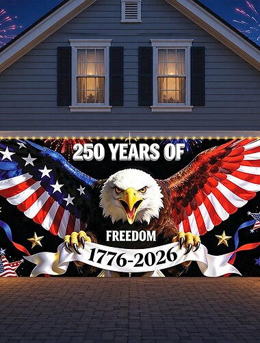 Garagentorabdeckung zum 250. Jahrestag der Freiheit mit Lichterkette, 7 x 16 Fuß große amerikanische Flagge mit Pentagramm, Hintergrunddekoration zum 4. Juli, Unabhängigkeitstag, patriotische Partydekoration