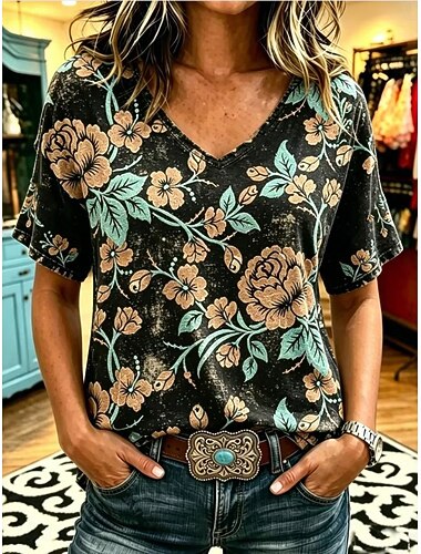  Påske Dame T-shirt Trykt mønster Blomstret Grafisk Planter Elegant Stilfuld Klassisk Kortærmet V-hals Almindelige toppe Afslappet Daglig Sport Sort Sommer Forår