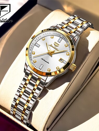  Reloj automático de lujo para mujer, de acero inoxidable plateado, mecánico, de cuerda automática, con fecha, elegante reloj de vestir para mujer, con detalles de diamantes y cristales, analógico e