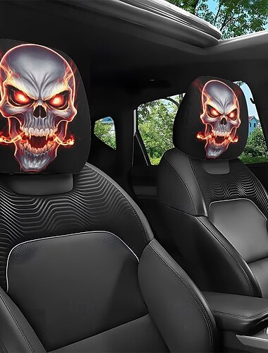 2/4 Stück Kopfstützenbezüge mit Flammen-Totenkopf-Motiv, Kopfstützenschoner mit gotischem Totenkopf-Print, universell passende, weiche und atmungsaktive Kopfstützenbezüge, einfach zu installierendes