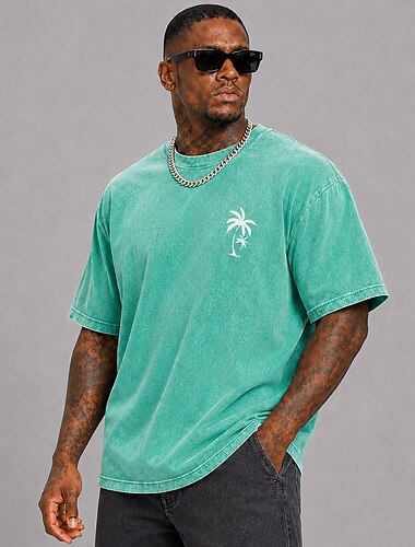  Heren T-shirt met palmblad- en kokosnootprint, Hawaïaans, 100% katoen, acid wash, zware kwaliteit, korte mouwen, DTG, ronde hals, modieus, dagelijks, vakantie, lente, zomer, kleding