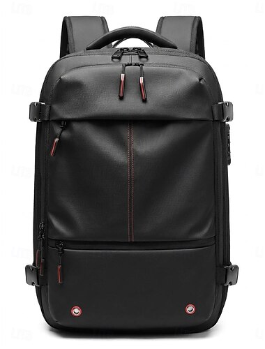  Schwarzer Business-Laptop-Rucksack für Herren, wasserabweisend, diebstahlsicher, mit mehreren Fächern, USB-Anschluss, roten Ziernähten, modernem, minimalistischem Techwear-Stil fürs Büro.