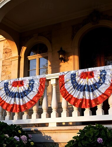  USA:s 250-årsjubileum LED-belyst patriotisk flagga amerikansk veckad fläktflagga röd vit blå 4 juli utomhus veranda staket räcke dekoration