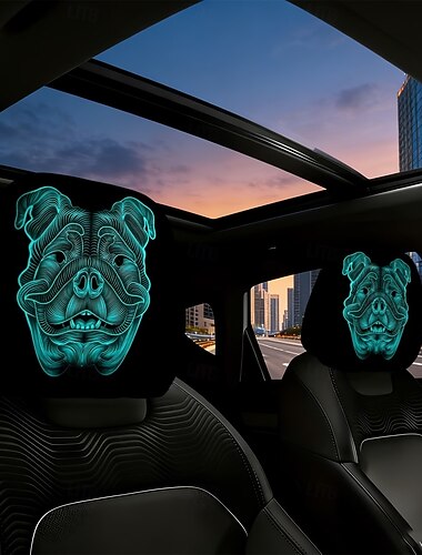  2/4 Stück fluoreszierende Bulldoggenkopf-Kopfstützenbezüge fürs Auto, cooler, trendiger Neon-Totenkopf-Print, individuelle Autoinnenausstattung, universelle Passform, geeignet für den täglichen