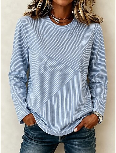  Per donna Maglietta Stampato Grafico Geometrico A righe Moda Elegante Classico Manica Lunga Girocollo Top Regolari Casuale Quotidiano Weekend Blu Marrone Verde Primavera Autunno