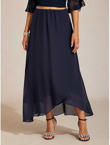  elegante maxi-rok van chiffon voor dames, hoge taille, elastische tailleband, soepelvallend, niet-elastisch, casual, geschikt voor dagelijks gebruik, bruiloft, gasten, marineblauw, zomer