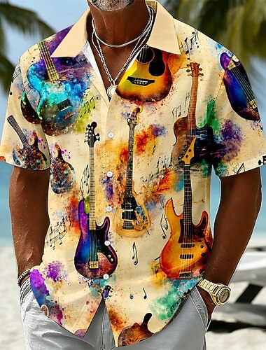  Per uomo Chitarra Strumento musicale Camicia Camicia Estiva Camicia con Bottoni Manica Corta Vintage Retrò All'aperto Vacanza al Mare Estate Primavera Collo ripiegato Stampa 3D Camicie con bottoni