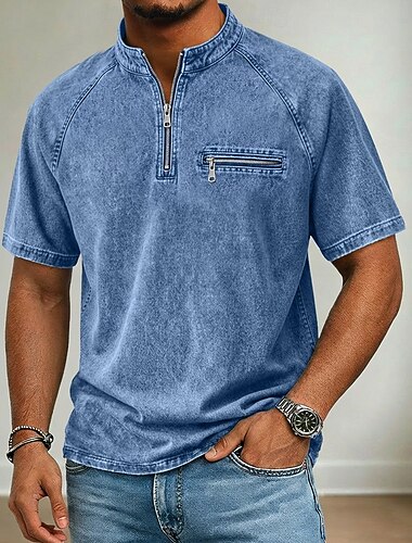  Herren T Shirt Jeans hemden Hemd aus 100 % Baumwolle in Säurewaschung Kurzarm Stehkragen Mandarinkragen Herbst Winter Sommer Frühling Einfach Vintage Streetwear Lässig Gewaschen Raglanärmel Lässig