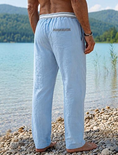  Herren Leinenhosen Hose Sommerhose Kordelzug Elastischer Bund Gerader Schnitt Einfach Komfort Atmungsaktiv Volle Länge Lässig Täglich Strand Urlaub Mode Khaki Schwarz Mikroelastisch