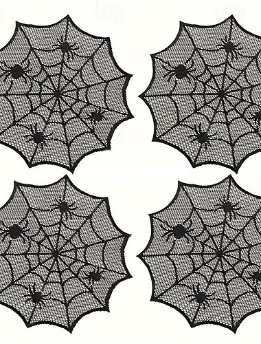  4 st runda bordsunderlägg i spets med spindelnät och halloweenmotiv, återanvändbara servettunderlägg i polyester i västerländsk stil, svarta ihåliga spindelnätsdukar för middagsfest,