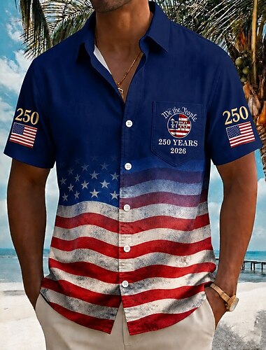  4. Juli 2026 250. Herren Amerikanische Flagge 1776 Hemd Sommerhemd Kurzarm Patriotisch Täglich Streetwear Festival Sommer Frühling Umlegekragen 3D-Druck Eine Tasche vorne Hemden mit Knopfleiste Blau