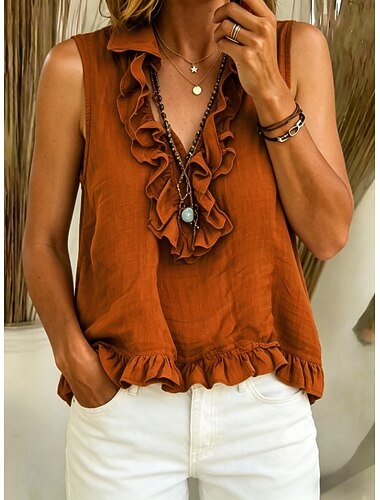 Mujer Camisa camisa boho Camisa casual Frunce Volante Color sólido Plano Elegante Bohemia Vacaciones Sin Mangas Escote en Pico Tops largos Casual Diario Fin de semana Azul Piscina Negro Blanco Rosa