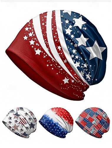  Dámská vlastenecká boho čepice &nákrčník, lehká strečová polyesterová letní pokrývka hlavy s více vzory a potiskem USA pro Den nezávislosti Ameriky, 4. července, cestování &festivaly
