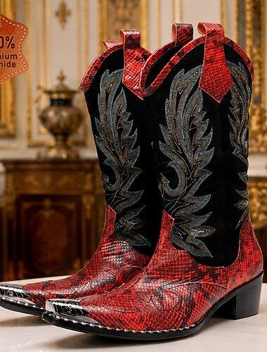  Botas de cowboy masculinas vermelhas bordadas – botas de montaria estilo western vintage, calçado de grife para rodeios, shows country, festivais de música e apresentações de palco.