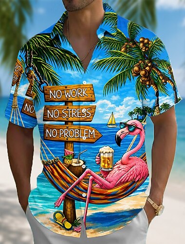  Homme Flamant rose Cocotier Plantes Tropicales Chemise hawaïenne Chemises tropicales Chemise Aloha Manche Courte Hawaïen Quotidien Vacances à la Plage Été Printemps Col Rabattu Impression 3D Chemises
