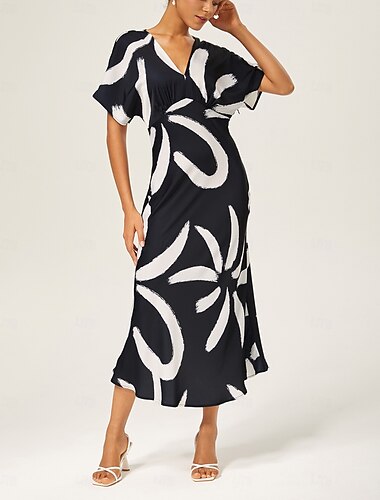 abito lungo da donna nero bianco manica corta astratto scollo a V elegante casual quotidiano vacanza primavera estate