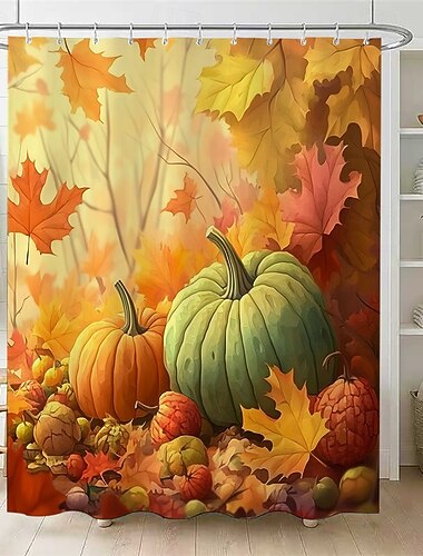  Rideau de douche imprimé feuilles de citrouille, motif fête des récoltes d'automne, en tissu imperméable, avec 12 crochets en plastique, lavable en machine.
