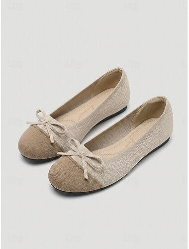  dame khaki fargeblokkstrikket slip-on ballerinasko - komfortable pustende flate sko med sløyfedekor, polstret innersåle &Sklisikker yttersåle i gummi for avslappet pendling, komfort hele dagen &daglig