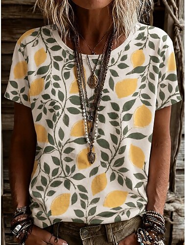  Mulheres Camiseta Imprimir Gráfico Geométrica Listrado Vintage à moda Clássico Manga Curta Gola Redonda Decote Redondo Tops regulares Casual Diário Branco Amarelo Laranja Verão Primavera Outono
