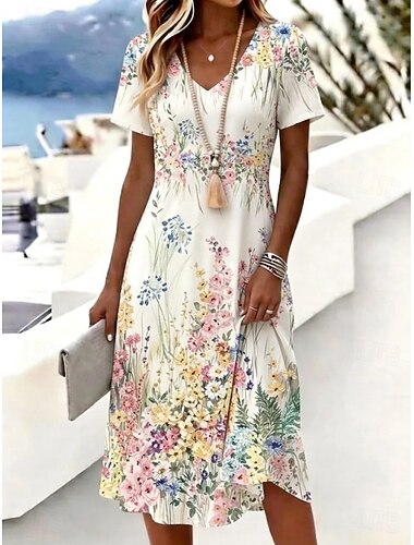  Pasqua Per donna Abito Midi Vestito T-Shirt Abito a trapezio Vacanza Casual Boho Spiaggia Vestibilità regolare Floreale Grafico Manica Corta Scollo a V Blu Bianco Nero Rosso Estate Primavera