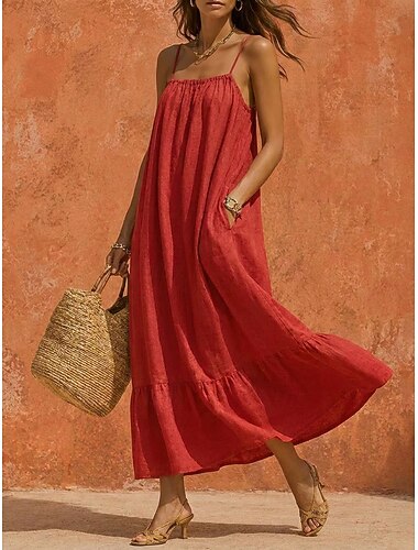 Damen Maxikleid Leinenkleider Boho-Kleid Vintage Urlaub Lässiger Schnitt Einfach Ärmellos Spaghettiträger Korallenrot Schwarz Sommer