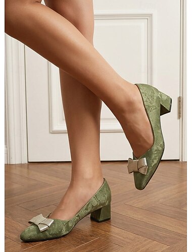  Salbeigrüne Damen-Pumps mit Schleife, bequeme Arbeitsschuhe mit runder Zehenpartie und niedrigem Blockabsatz für Büro, Pendeln und Business Casual. &Alltagskleidung