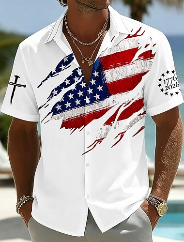 4. heinäkuuta 2026 250. Miesten Amerikan lippu Paita Kesä paita Button Up paita Lyhythihainen Patriotismi ulko- Festivaali Kesä Kevät Sänkyjen avaus 3D-tulostus kauluspaidat Sininen Valkoinen Apila