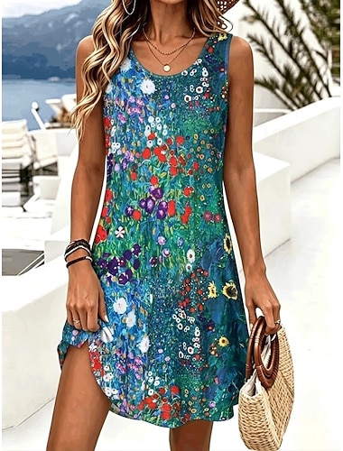  Per donna Mini Abito Vestito Estivo Abito a trapezio Abito Estivo Vacanza Casual Boho Spiaggia Feste Matrimonio Vestibilità regolare Floreale Grafico Senza Maniche Girocollo Blu Verde Cachi Estate