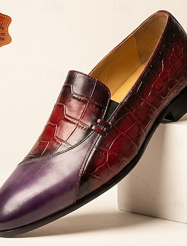  Herrloafers med vinröda krokodilprägling, slip-on-skor, spetsiga formella skor för bröllop, bankett och kvällsevenemang