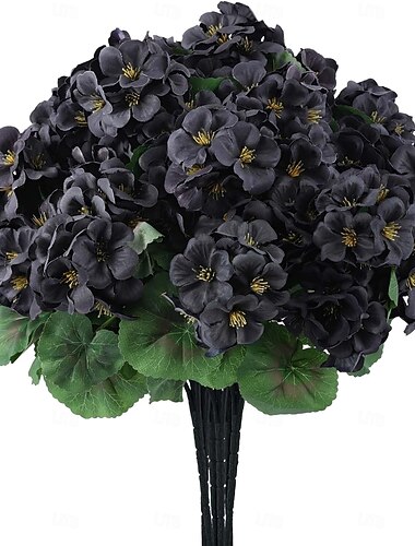  6個の黒いゼラニウムの造花、UV耐性のある屋外用フェイク植物、庭、ポーチ、パティオ、窓辺のプランター、墓地、ハロウィンパーティーの装飾、家庭のテーブル装飾用のリアルなシルクフラワーブッシュ