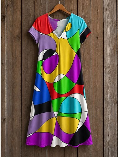  Damen Knielanges Kleid Shiftkleid T-Shirt-Kleid Sommerkleid Elegant Bohemien Urlaub Strand Party Ferien Normale Passform Stern Tropisch Kurzarm V Ausschnitt Blau Rote Dunkelblau Regenbogen Sommer