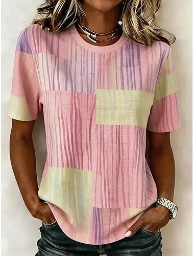  Dam T-shirt Färgblock Mönster Grafisk Geometrisk Randig Vintage Stylish Klassisk Kortärmad Rund hals Långa toppar Ledigt Dagligen Rodnande Rosa Ljuslila Purpur Sommar Vår Höst Vinter