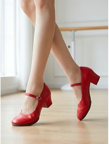  Dames ballroomdansschoenen met lage hak in roze-rood - comfortabele Mary Jane oefenschoenen met verstelbare enkelband voor sociaal dansen, lesgeven, repetities en optredens.
