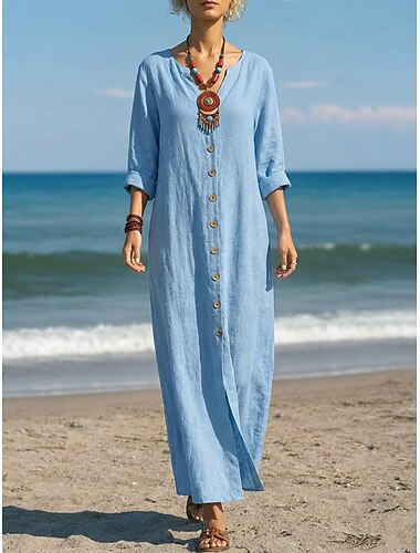  Damen Maxikleid Leinenkleider Vintage Täglich Lässiger Schnitt Einfarbig Langarm V Ausschnitt Rote Leicht Blau Sommer