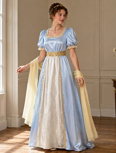  Retro Antiguo Período de regencia Maxi Vestido cintura imperio con accesorios Mangas cortas Dama Aristócrata Encaje Escote Cuadrado Disfraz Mujer Real Víspera de Todos los Santos Carnaval Feria del