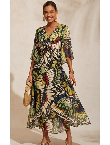  abito lungo in chiffon svolazzante con farfalle della giungla