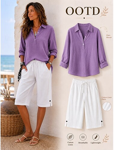  Leinenshorts für Damen, Caprihosen, Sommershorts, lässig, wadenlang, naturfarben, schlicht, mit Tasche, elastischem Kordelzug, bequem, für Outdoor-Aktivitäten, Ausgehen, hellrosa, orange, rot, weiß, rosa, Sommer