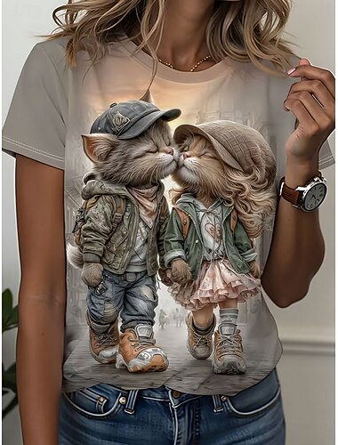  Dam T-shirt Mönster Grafisk Djur Vintage Stylish Klassisk Kortärmad Rund hals Vanliga toppar Ledigt Dagligen Kaki Sommar Vår