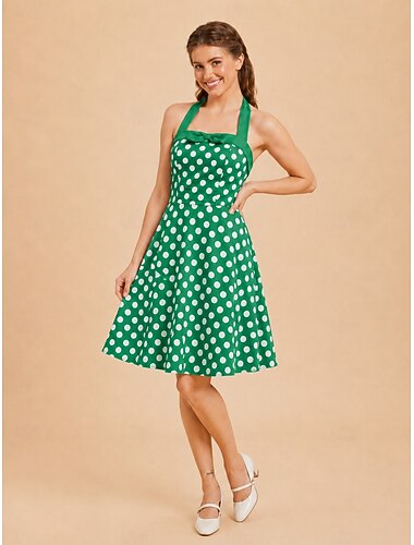  Années 1950 Rétro Vintage Rockabilly Midi Longueur thé Robe Sans manches Dos nu À pois Ajusté & Évasé Col Halter Déguisement Femmes Halloween Carnaval Festival de Musique Fête du thé Adulte Robe