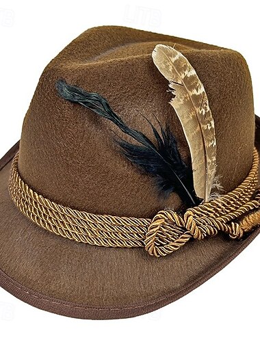 Oktoberfest Chapeau Tirolerhut Chapeau alpin avec Plume Bavarois Allemand Munich Prairies Homme Carnaval Fête de la Bière Tissu de style traditionnel