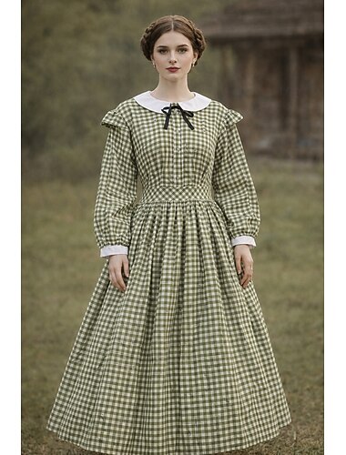  Rétro Vintage Victorienne 19ème siècle Midi Robe Costume élégant Fille pionnière Vichy À carreaux Ligne A Déguisement Femmes Halloween Carnaval Journée mondiale du livre Mascarade Décontract