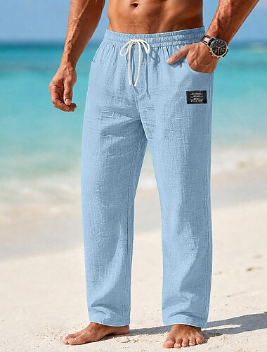  Homme Pantalons en Lin Pantalons Pantalon d'été Pantalons Amples Pantalons de Plage Cordon de serrage Taille Élastique Jambe Droite Uni Confort Respirant Longueur complète Occasionnel Quotidien Fête