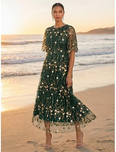  A-linje Kjoler Ankellengde Kjole til brudens mor Halvlange ermer Crew-hals Elegant Årgang Luksuriøs Strandbryllup Hage fest Formell Tyll Spandex Sateng Chiffon med Plissert Broderi Blomst