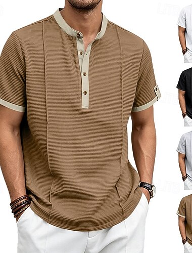  Herren Henley Oberteil Rippenstrick-Top Kurzarm Einfach Alltagstauglich Gerafft Streifen Kontrastierender Bindungsprozess Henley-Kragen Lässig Sommer Frühling Weiß Khaki Schwarz Henley T-Shirt