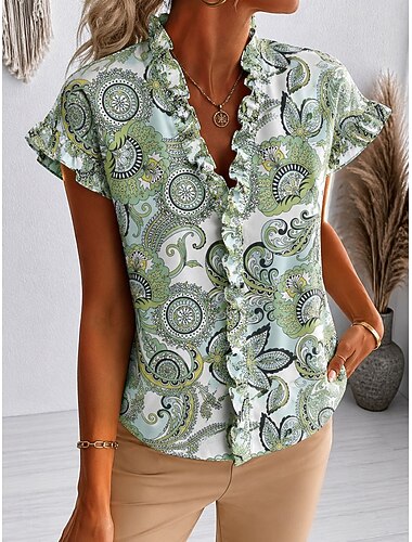  Mujer Camisa Sayo Volante Floral Graphic Elegante Moda Diario Manga Corta Escote en Pico Tops regulares Casual Diario Morado Naranja Verde Trébol Verano Primavera