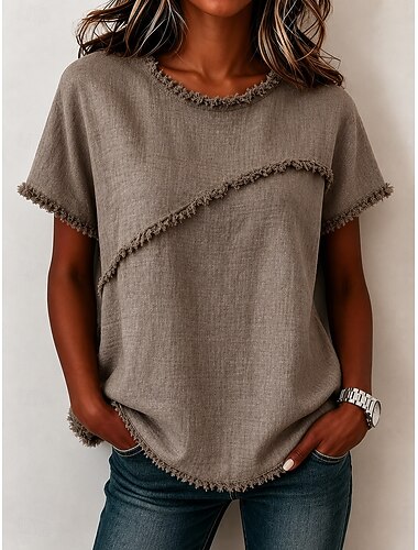  Mulheres Camiseta T-shirt Frufru Tecido Moda à moda Clássico Manga Curta Gola Redonda Tops regulares Casual Diário Para Noite Branco Roxo Verde Cáqui Damasco Verão Primavera