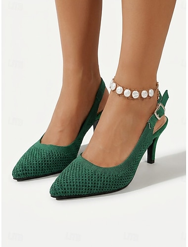  Omen kényelmes smaragdzöld kötött slingback cipők - lélegző, hálós, hegyes orrú, cicasarkú cipő állítható pánttal, mindennapi viseletre &irodai munka