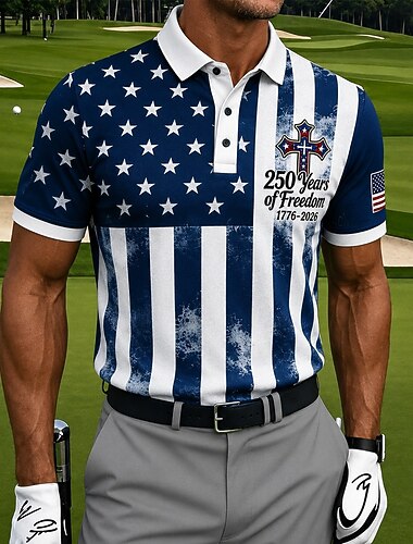  4 luglio 2026 250° Per uomo Bandiera Americana Golf Polo Sportivi Manica Corta Magliette polo Camicie con Colletto Casual Athleisure Stampa 3D Bottoni Tessuto retato traspirante Primavera & Estate