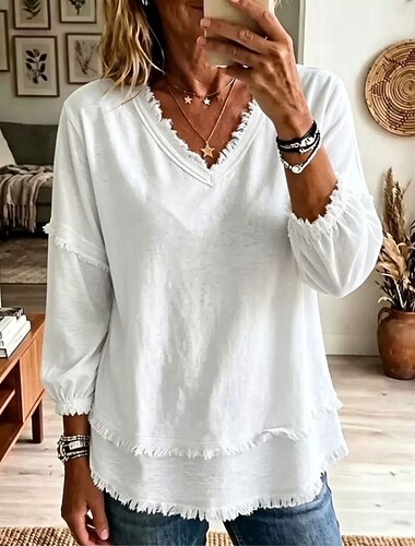  Mulheres Camisa Social camisa Boho Camisa de renda Franja Côr Sólida Tecido Boêmia Férias Diário Manga Longa Decote V Tops longos Casual Azul Branco Cáqui Roxo Verão Primavera Outono