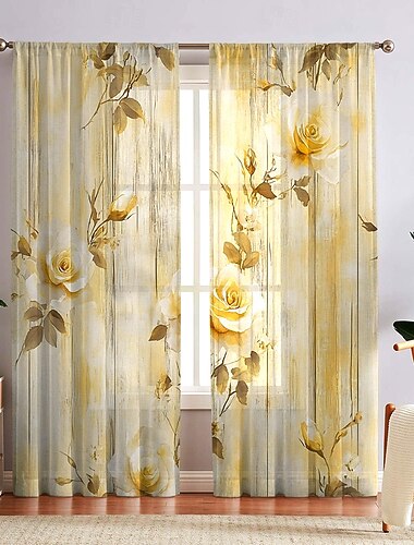  Elegante, transparente Fenstergardinen mit Schleifenmuster und floralem Print, Voile-Vorhänge mit Blumen-, Pflanzen- und Blattmuster für Schlaf- und Wohnzimmer, lichtdurchlässig